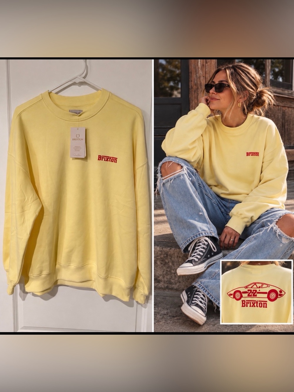 NWT Brixton Yellow Vintage Inspired Crewneck Sweatshirt with Red Logo sz M